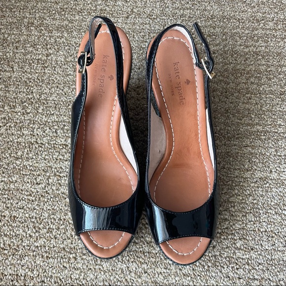 NWOT Kate Spade Black Patent Leather Peep-toe Slingback Espadrilles Wedges - Picture 2 of 5